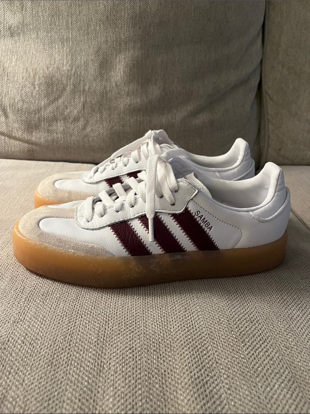 Adidas Samba Sneakers in White with Burgundy Stripes and Gum Sole